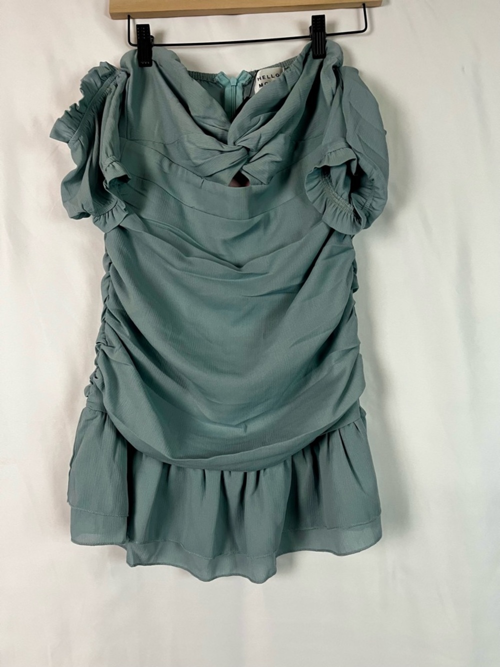 Hello Molly Sage Ruched Off-Shoulder Mini Spring Wedding Guest Dress Medium NWT